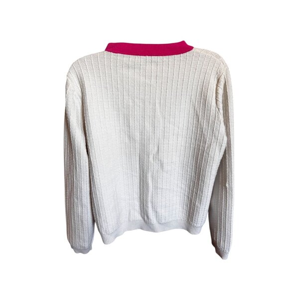 Adrianna Papell Ribbed Cardigan Sweater Women's L White Pink Trim Old Money - Picture 2 of 10
